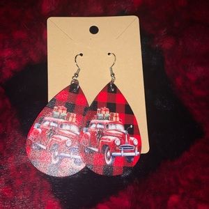 Plaid truck holiday earrings.